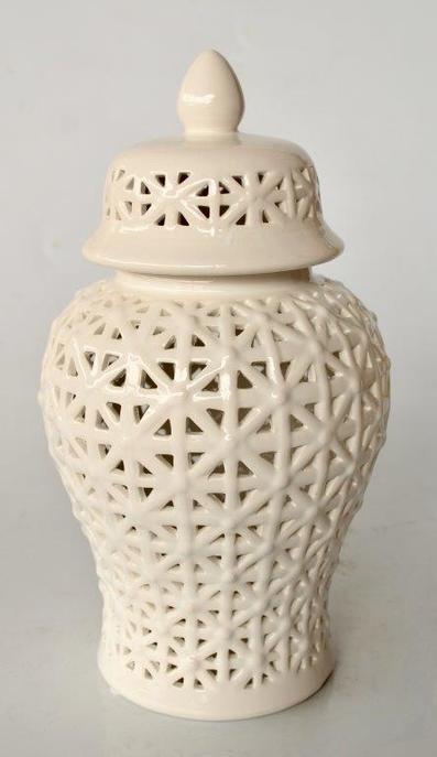 White criss cross cut-out ginger jar