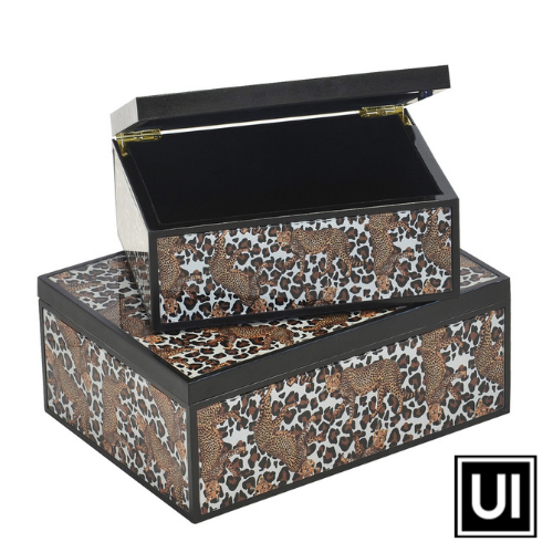 Glass Box Cheetah Set of 2  25CM X 18CM X 10CM  20CM X 15CM X 9CM  Beautiful cheetah print decor boxes for storing the perfect accessories.  Perfect for any home decor.  Unique Interiors
