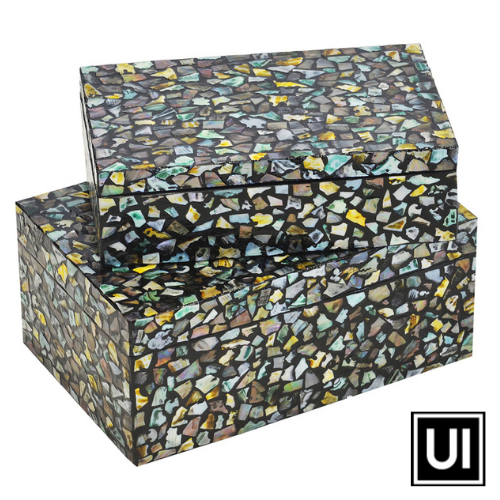 Mop box capiz black Set of 2  30CM (L) X 20CM (D) X 13CM (H)  27CM (L) X 17CM (D) X 8CM (H)  Beautiful mosaic  styled decor boxes for storing the perfect accessories.  Perfect for any home decor.  Unique Interiors