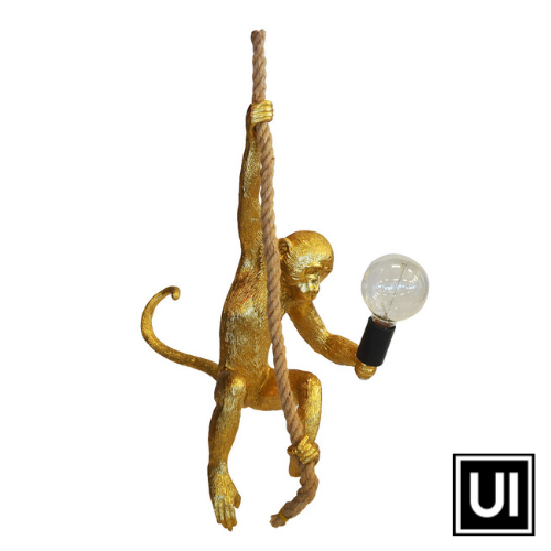 Resin monkey on rope gold  58CM (H)  Beautiful gold monkey on rope for the perfect hanging light.  A lovely addition to any home. Interior Decor Piece.  Ornamental lighting.  Unique Interiors 