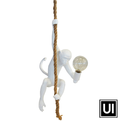 Resin monkey on rope white  58CM (H)  Beautiful white monkey on rope for the perfect hanging light.  a lovely addition to any home. Interior Decor Piece.  Ornamental lighting.  Unique Interiors 