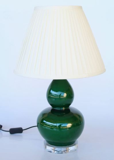 Green bulbous lamp off-white pleated shade 56x36cm