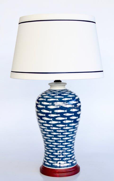 Blue Fish lamp base blue trim and white shade