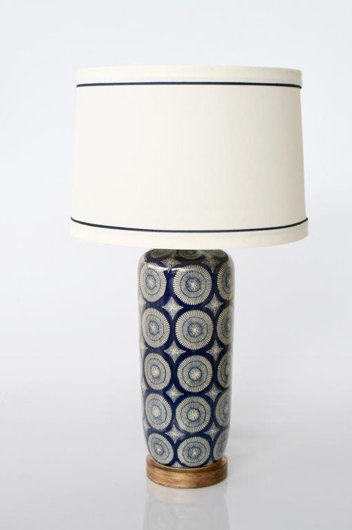 Blue Geo circles design lamp white shade blue stripe