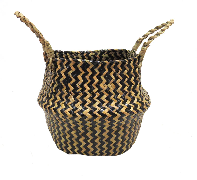 Chevron woven in black and natural colours.  This is a fantastic quality “belly basket” planter with its natural, exquisitely finished twisted handles makes the most perfect container.  With an aloe in it or any plant it just looks so good- UNIQUE INTERIORS