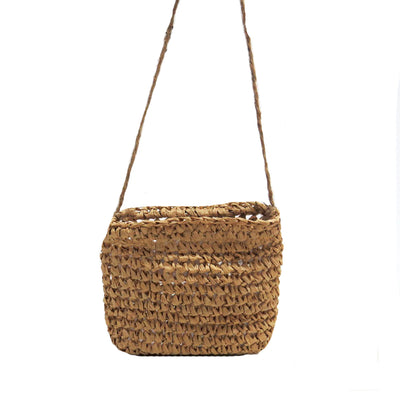  It resembles a small open  summer handbag  most original  and charming  This amazing hanging basket is made out of crocheted material.  It has a very rigid , natural  material covered metal top  forming a rigid rectangle that keeps the basket open at the top.  It resembles a small open  summer handbag most original and charming.   Unique Interiors.