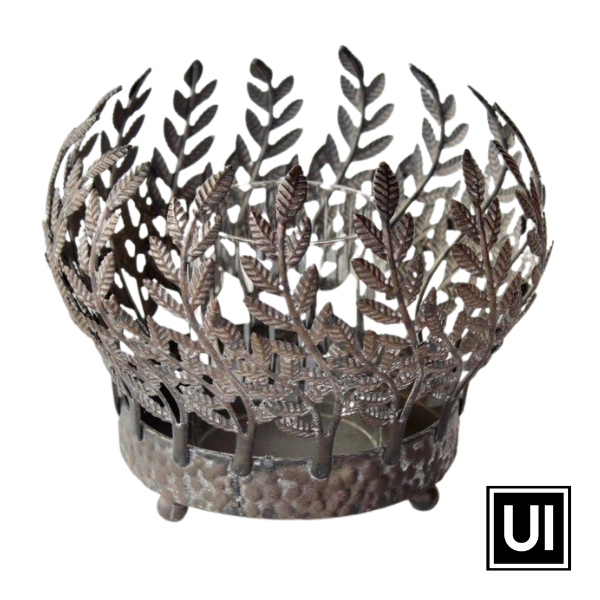 Metal Crown Fern Candle Holder With Glass