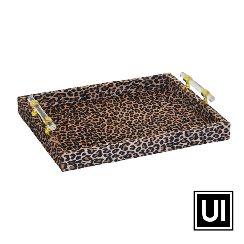 Tray velvet animal print perspex handles small single (40cm x 30cm x 4cm)