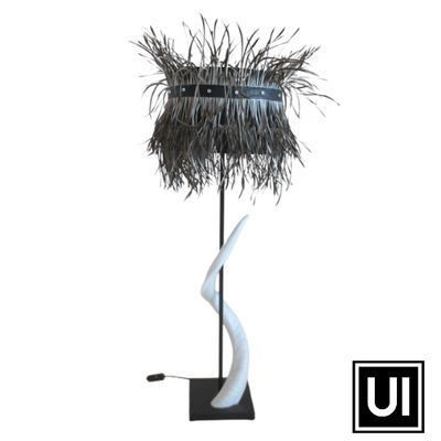 Black Leather base Kudu Inner Horn Lamp with Splitgoose Feather Shade Unique Interiors