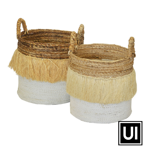 Basket tassel round natural/white s/2 unique interiors