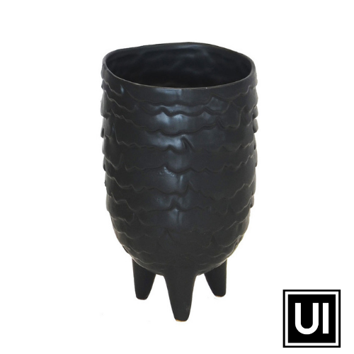 15 cm (D) x 24 cm (H) Ceramic Scale Pot in Large Black is a great addition to any interior decor. Its unique design will make any room stand out.  Ceramic scale pot black large  15CM (D) X 24CM (H)  Black effect Interior Decor vases  Unique Interiors