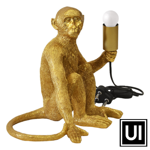Resin monkey lamp x.large gold 40CM (H) A striking rich gold monkey table lamp for the perfect addition to your home. Interior Decor Piece. Ornamental lighting. Unique Interiors