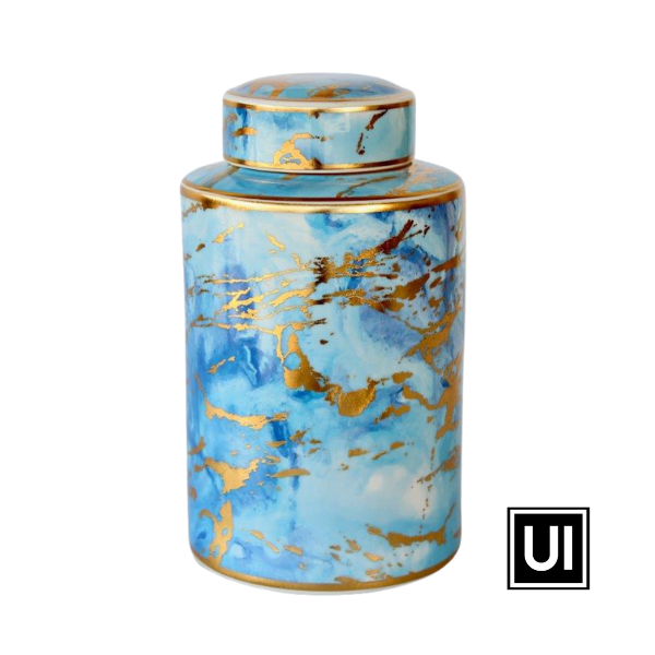 Blue and gold marbled jar with lid