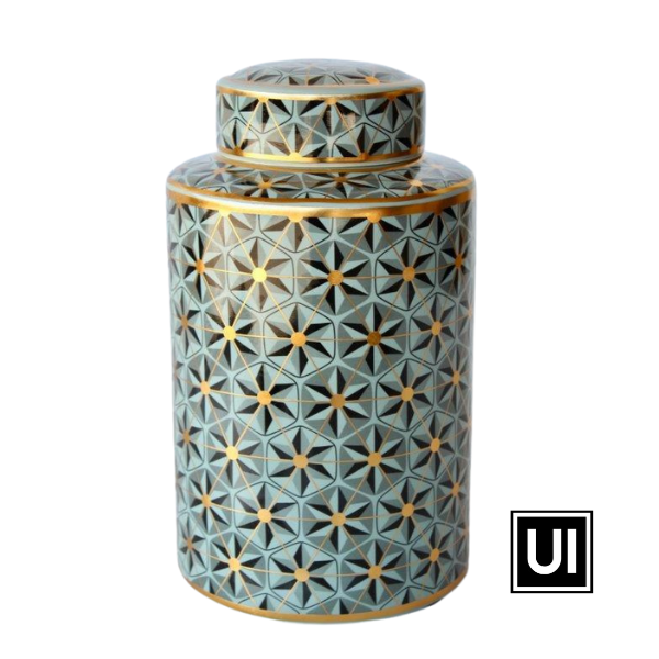 Unique Interiors Green black and gold geometric design jar with lid.