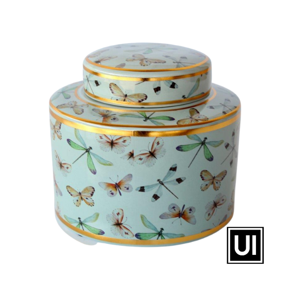 Duck egg blue and gold dragonfly jar with lid