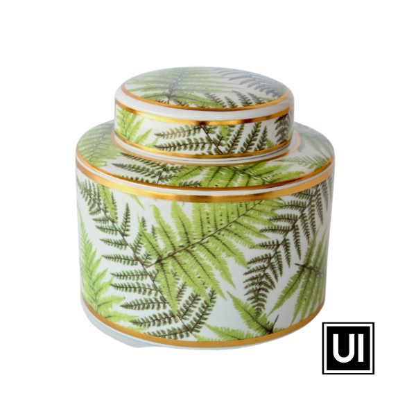 Unique Interiors Green and gold fern design jar with lid