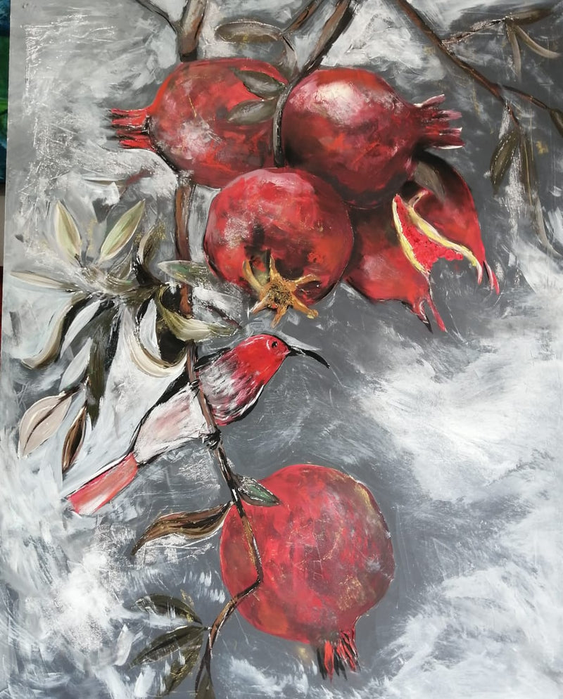 Pomegranates and bird 760 x 600mm