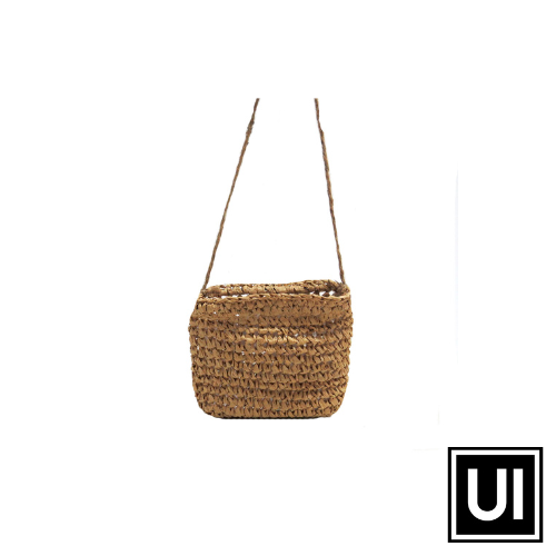 It resembles a small open  summer handbag  most original  and charming  This amazing hanging basket is made out of crocheted material.  It has a very rigid , natural  material covered metal top  forming a rigid rectangle that keeps the basket open at the top.  It resembles a small open  summer handbag most original and charming- UNIQUE INTERIORS