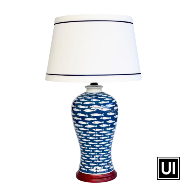 Blue Fish lamp base blue trim and white shade - Unique Interiors - www.uniqueinteriors.co.za