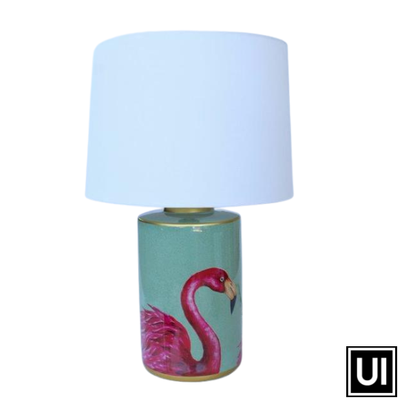 Green & pink flamingo lamp base off white shade 62x40cm - www.uniqueinteriors.co.za - Unique Interiors