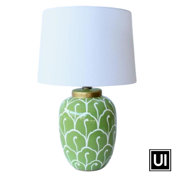 Lime green & white lamp base off white shade 60cm x 38cm Introducing our lime green and white lamp base with an off-white shade, perfect for adding a touch of vibrancy and elegance to any room. Standing at 60cm tall and 38cm in diameter, this lamp base is made of the highest quality ceramic to ensure durability and longevity.