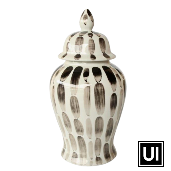 Black stripe ginger jar 47x23cm  Introducing our Black Stripe Ginger Jar from Unique Interiors, a beautiful piece that will add a touch of sophistication to any space in your home. This jar is expertly handcrafted to perfection, ensuring the highest quality of craftsmanship.
