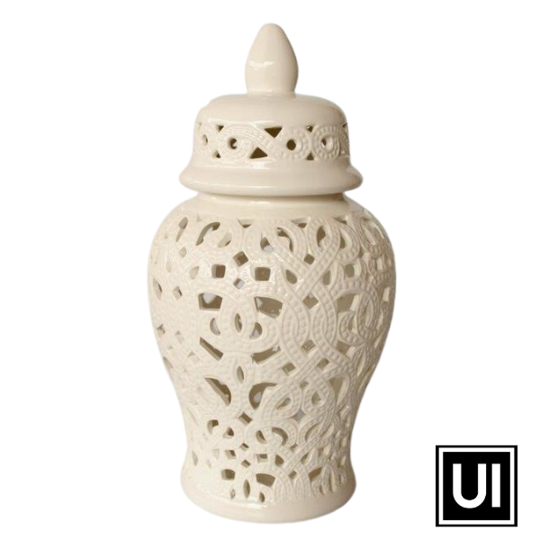 White cut-out ginger jar braided design 47x22cm  Introducing our White Cut-Out Ginger Jar with Braided Design from Unique Interiors, a stunning piece that will elevate any decor. Expertly handcrafted to perfection, this jar is made from the highest quality materials, ensuring durability and longevity.