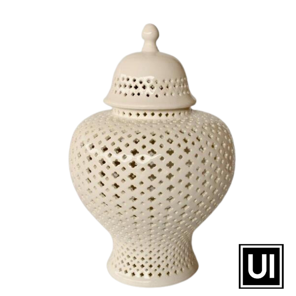 White extra large fat cut-out ginger jar 49x30cm  Introducing our Extra Large White Fat Cut-Out Ginger Jar from Unique Interiors, a stunning piece that will add a touch of elegance and sophistication to any decor. Expertly handcrafted to perfection, this jar is made from the highest quality materials, ensuring durability and longevity.