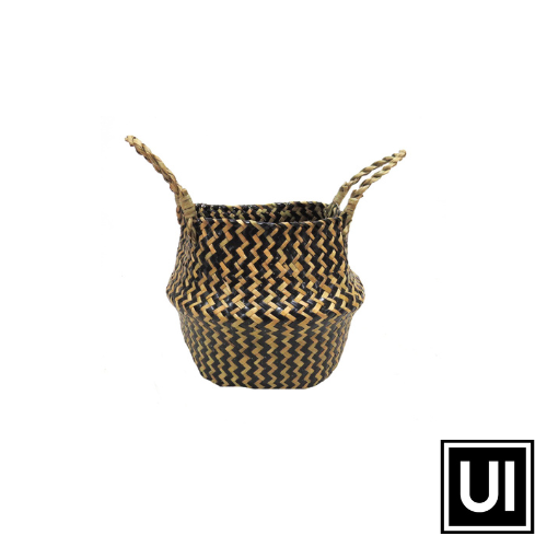 Chevron woven in black and natural colours.  This is a fantastic quality “belly basket” planter with its natural, exquisitely finished twisted handles makes the most perfect container.  With an aloe in it or any plant it just looks so good.Unique Interiors.